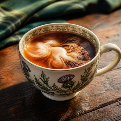 A ceramic teacup with a botanical thistle pattern, filled with a dark coffee drink and topped with a swirl of milk, set on a rustic wooden table with a green plaid cloth in the background.