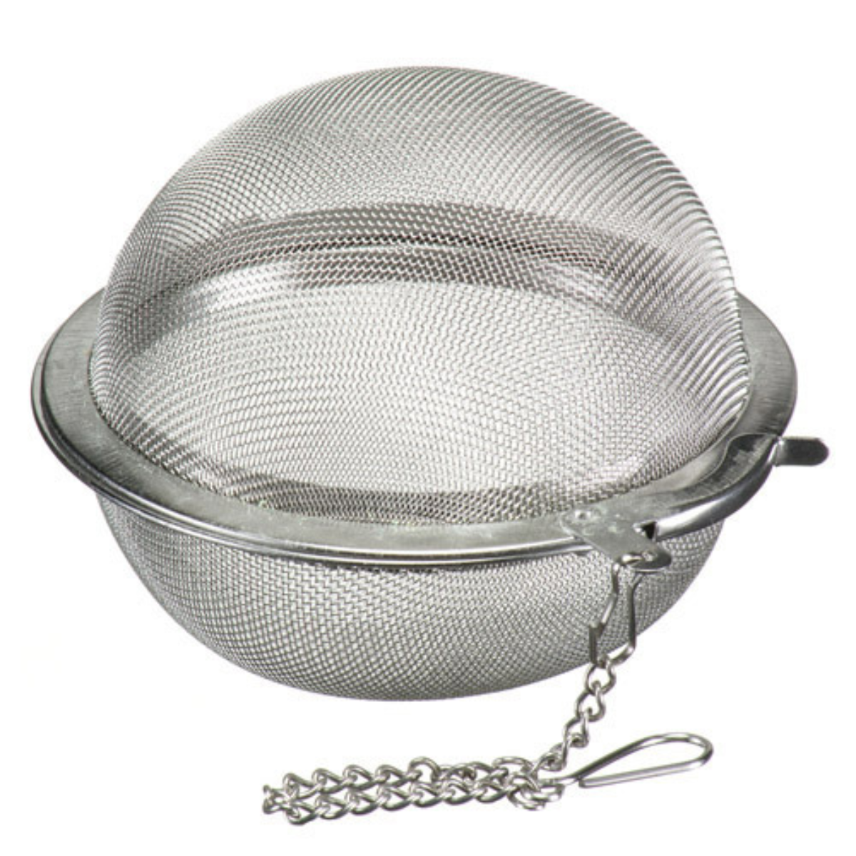 Metal mesh tea ball with chain on a white background