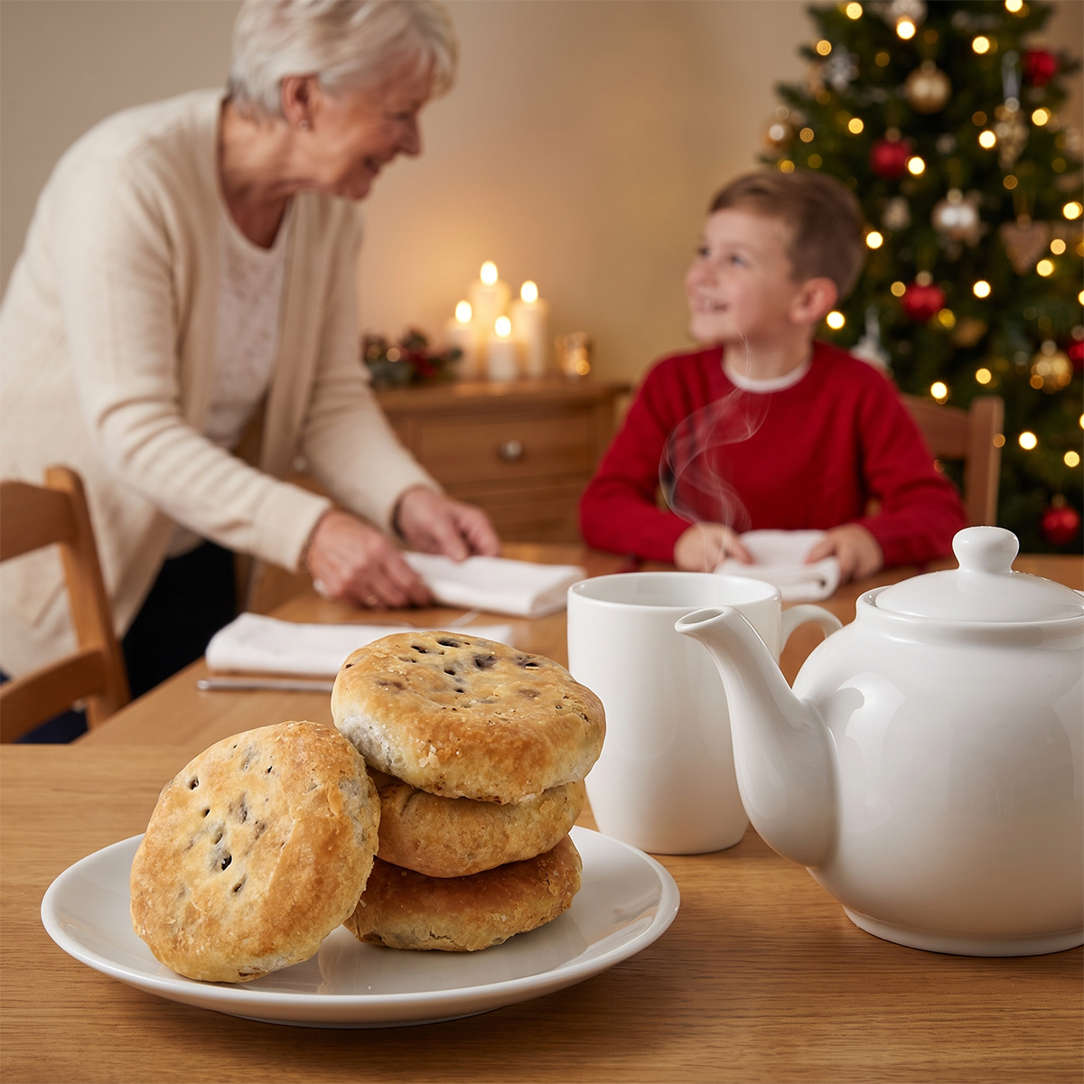Older woman and young boy at a table with Eccles cakes, a teapot, and a mug, Christmas tree behind them