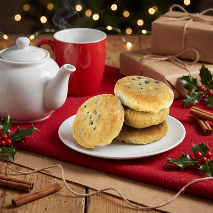White teapot, red mug, and a plate of Eccles cakes with cinnamon sticks and holly on a red cloth, festive lights behind