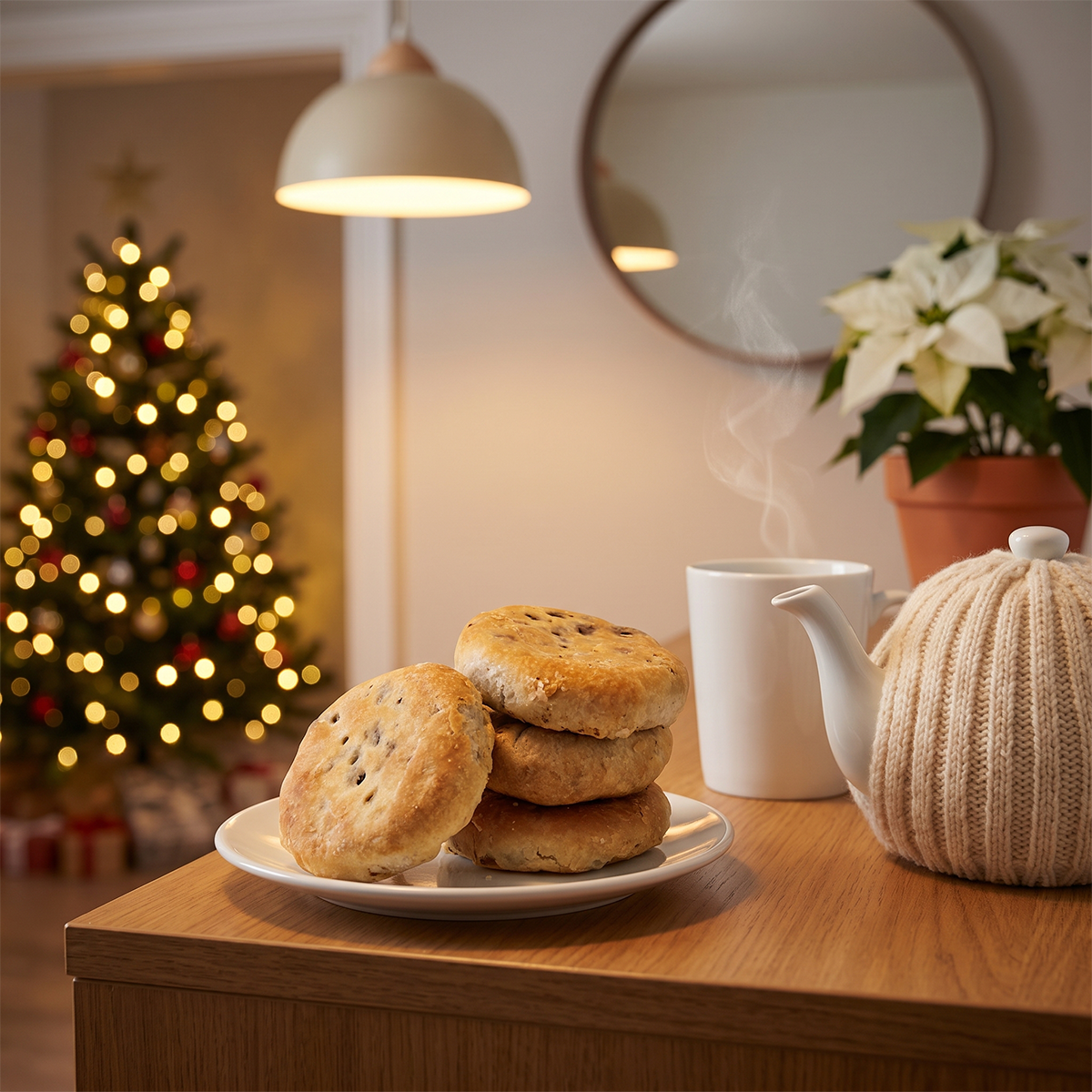 Plate of Eccles cakes on a wooden table with a white teapot, mug, knitted cover, and a Christmas tree in the background