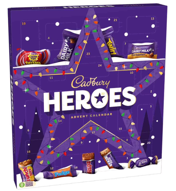 Cadbury Heroes Advent Calendar packaging with colorful candy bars and festive design and string of lights.