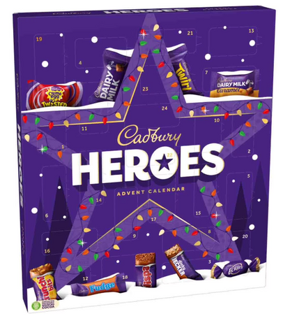 Cadbury Heroes Advent Calendar packaging with colorful candy bars and festive design and string of lights.