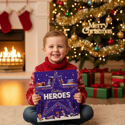boy holding advent calendar in front of Christmas tree.