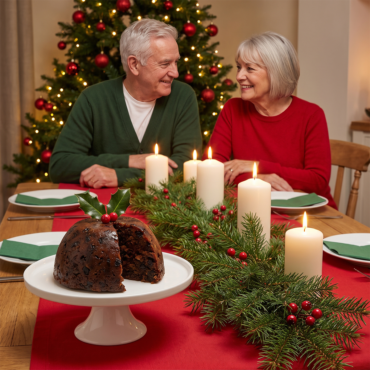 Older couple at a festive table with a Christmas pudding, candles, and a Christmas tree
