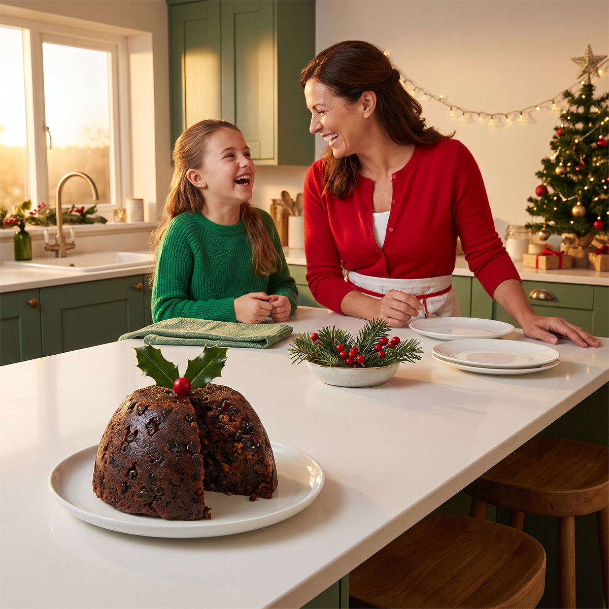 Woman and girl in a kitchen with a Christmas pudding, plates, and a Christmas tree