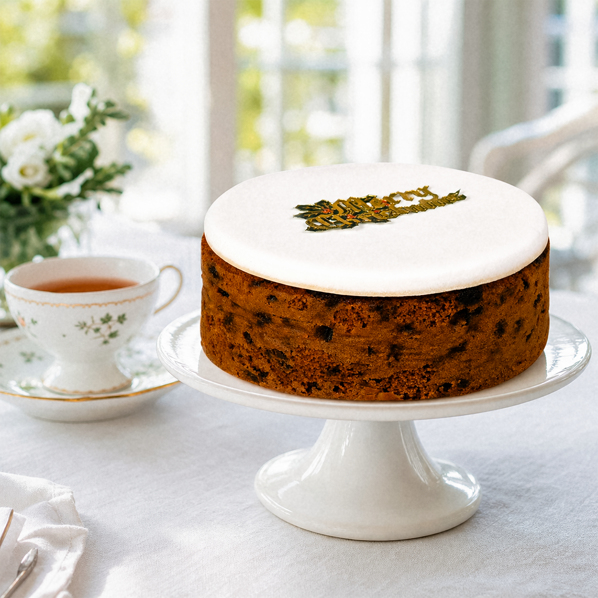 Christmas cake on a cake stand with a teacup on a table by a window
