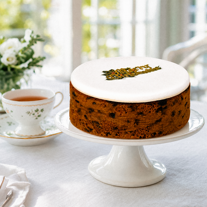 Christmas cake on a cake stand with a teacup on a table by a window