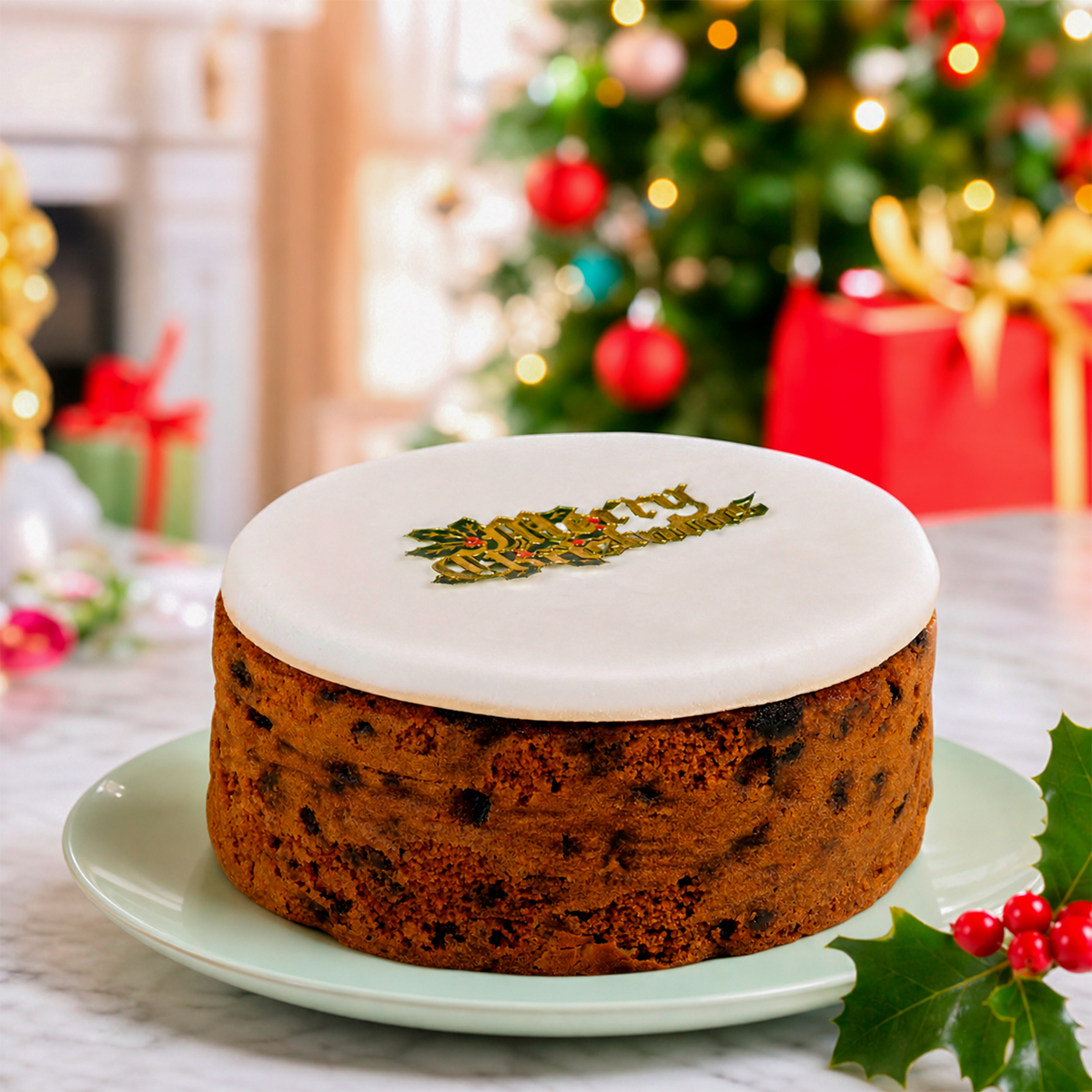 Christmas cake on a plate with holly in front of a Christmas tree