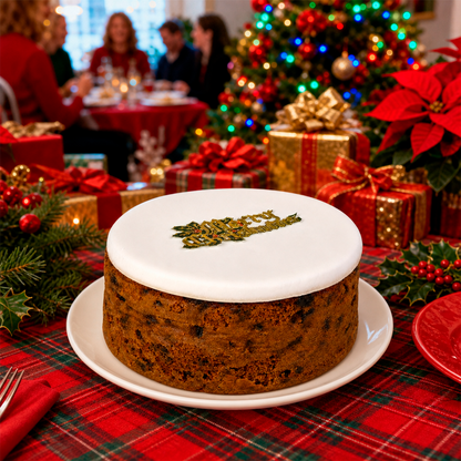 Christmas cake on a plate surrounded by Christmas gifts and decorations
