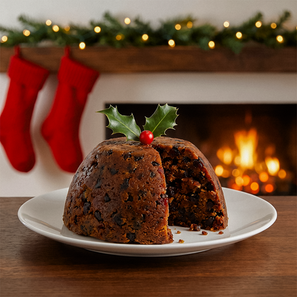 Christmas pudding with holly on a plate in front of a fireplace with stockings and garland