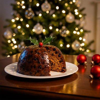 Christmas pudding with holly on a plate in front of a decorated Christmas tree