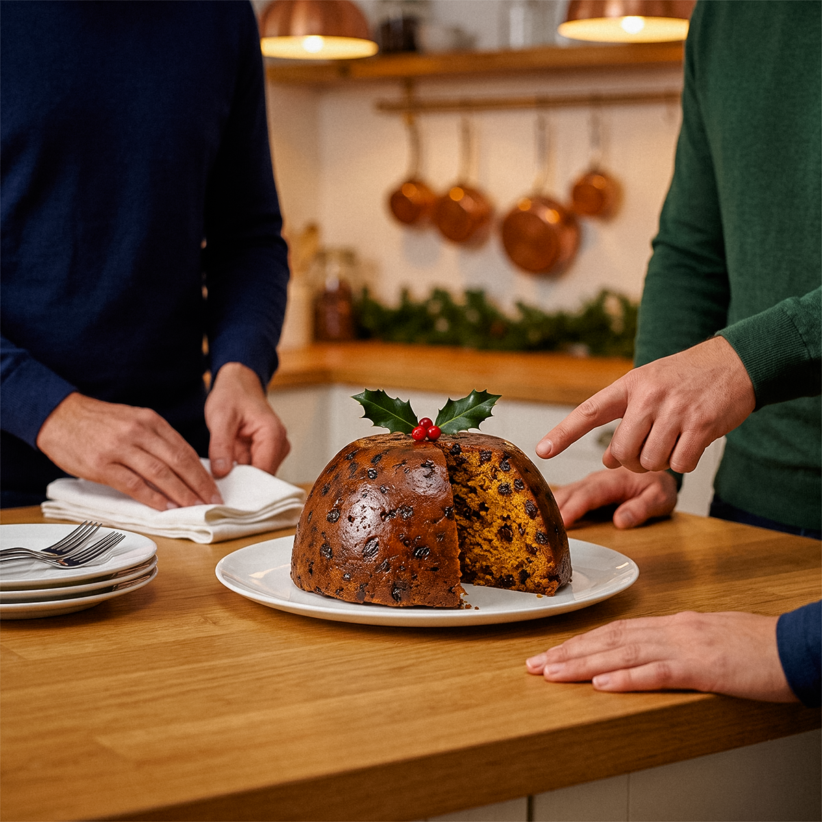 Hands at a table with a Christmas pudding on a plate, plates and cutlery, kitchen background with copper pans