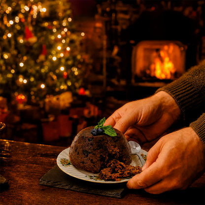 Hands holding a Christmas pudding on a plate in front of a Christmas tree and fireplace.