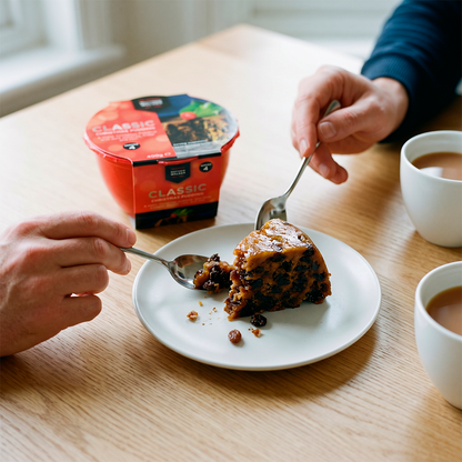 Hands using a spoon to eat a slice of fruit cake, with a red tub and mug on the table.