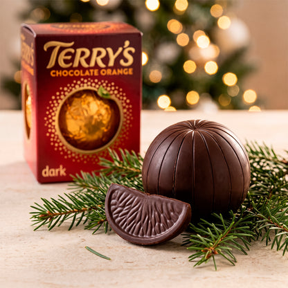 Terry’s Dark Chocolate Orange box with a dark chocolate orange and a slice on a wooden surface, pine branches, and festive lights in the background.