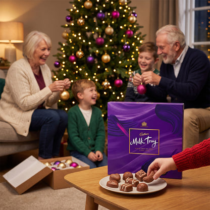 Family by a Christmas tree, child holding a Milk Tray box, plate of chocolates on a table