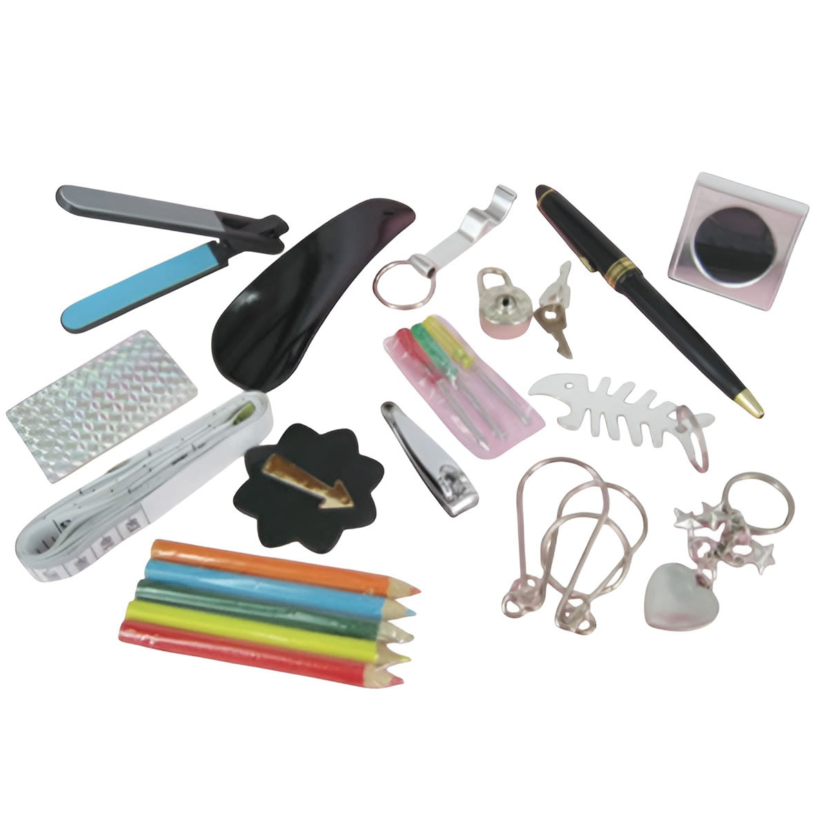 Collection of various small items including a pen, keys, and stationery on a white background
