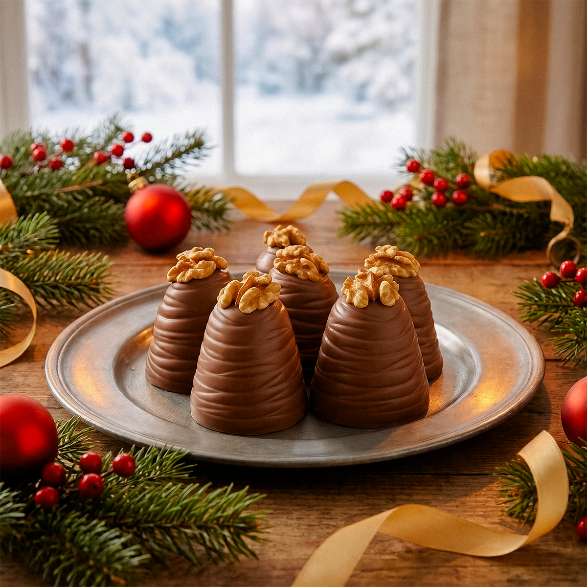 Chocolate Christmas puddings on a plate by a snowy window with festive greenery