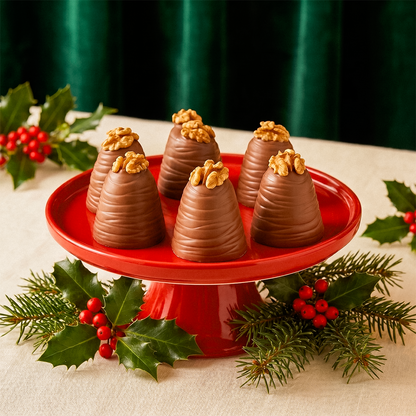 Chocolate Christmas puddings on a red cake stand with holly and pine sprigs