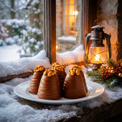 Chocolate Christmas puddings on a windowsill with snow, a lantern, and a snowy view outside
