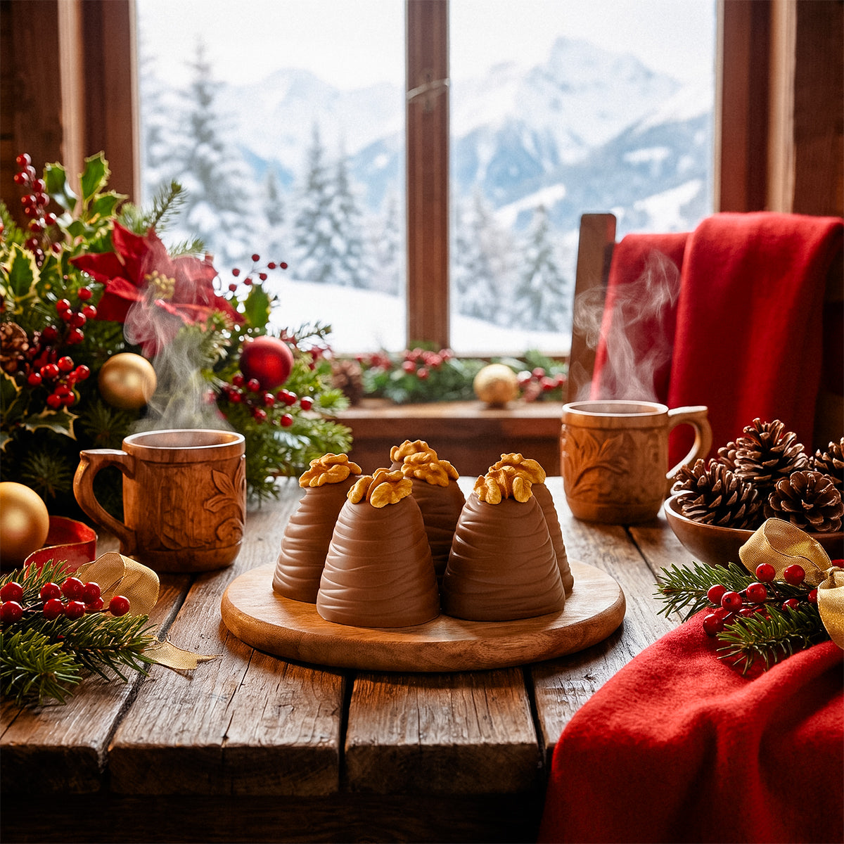 Chocolate Christmas puddings on a wooden board with a mug, snowy mountain view, and festive decorations