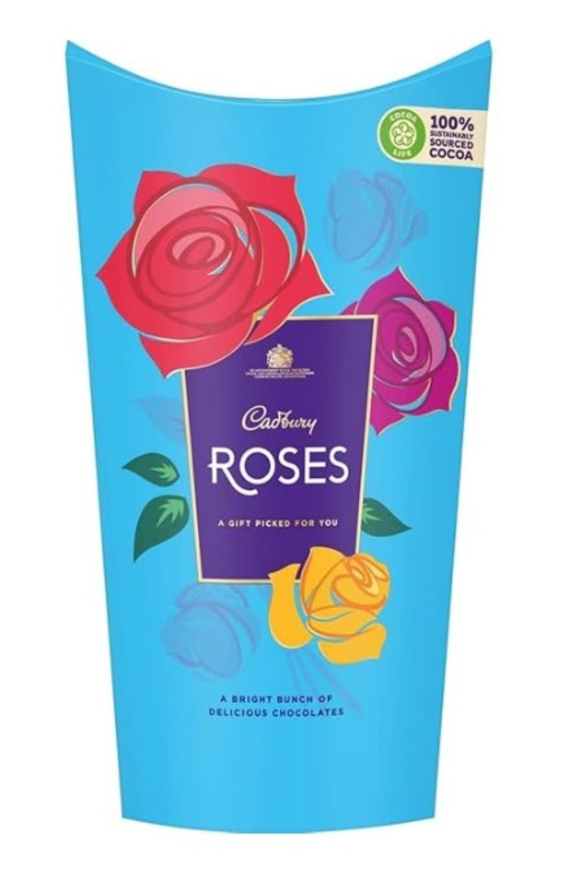 Cadbury Roses chocolate packaging with colorful roses on a blue background