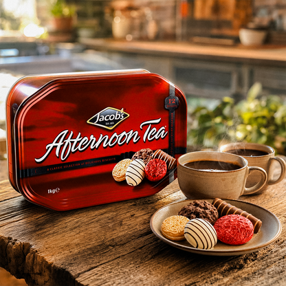Red cookie tin on a wooden table with assorted cookies and coffee cups