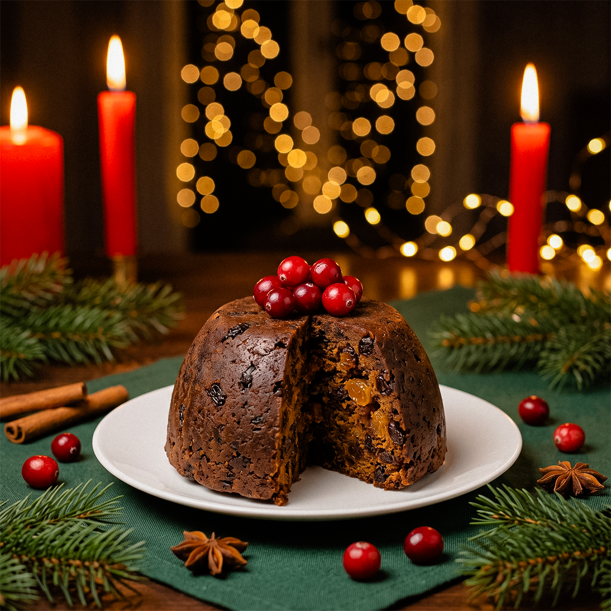 Christmas pudding topped with red berries on a plate, surrounded by pine sprigs, cinnamon sticks, red candles, and festive lights