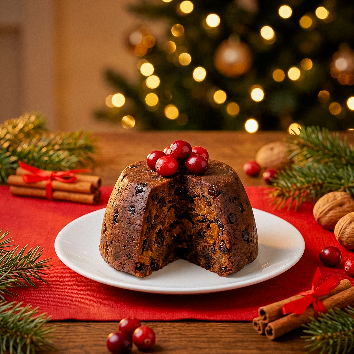 Christmas pudding with red berries on a red cloth, with pine cones, walnuts, cinnamon sticks, and a Christmas tree behind