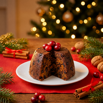 Christmas pudding with red berries on a red cloth, with pine cones, walnuts, cinnamon sticks, and a Christmas tree behind