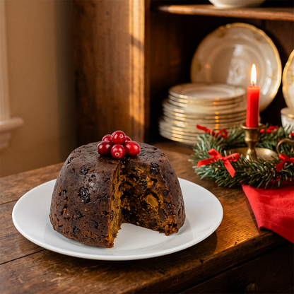 Christmas pudding with red berries on a plate, red candle, greenery, and stacked plates in a wooden hutch