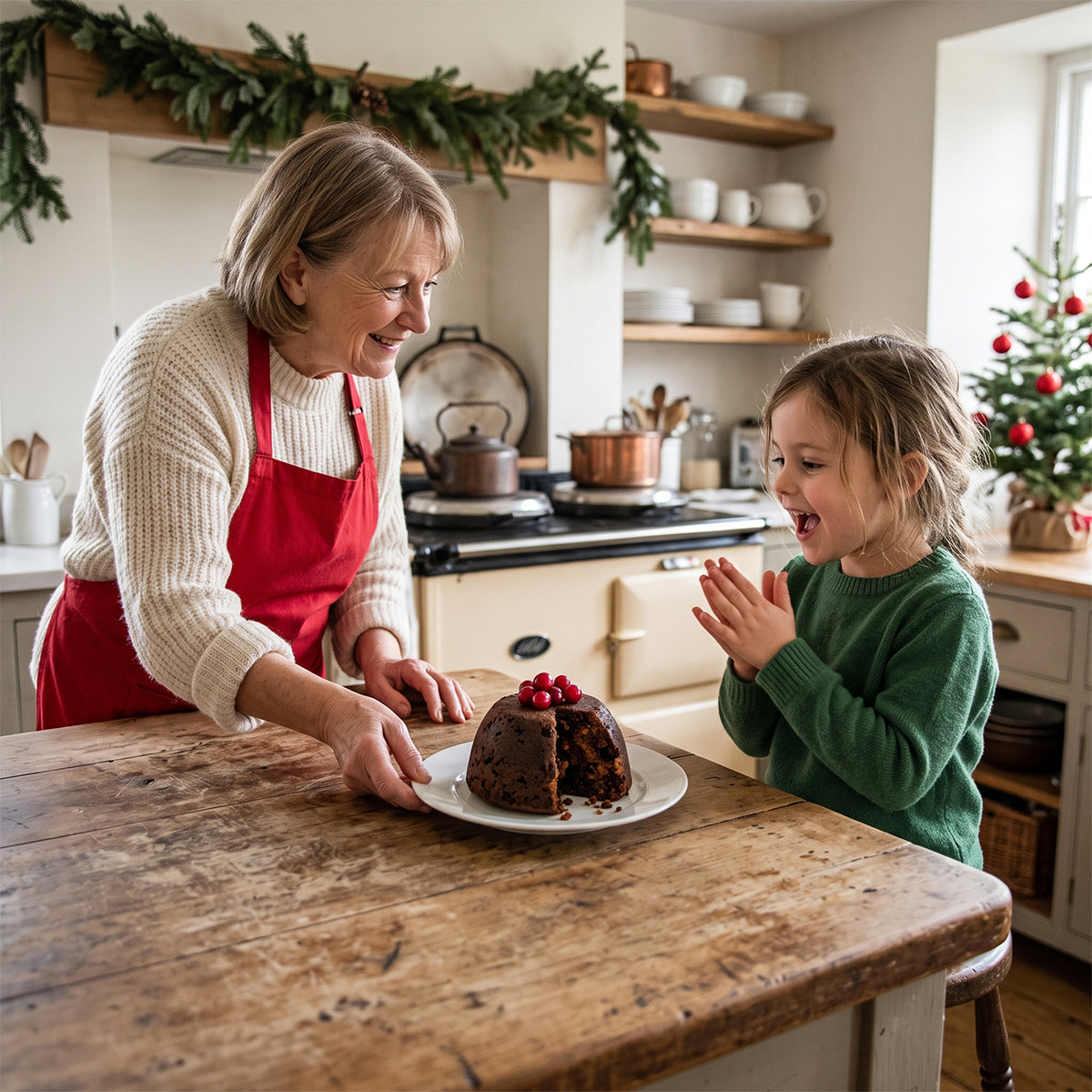 Woman and child in a kitchen with a Christmas pudding on a plate, holiday garland, and a small Christmas tree