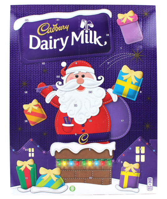Cadbury Dairy Milk chocolate advent calendar with Santa Claus design on a purple background