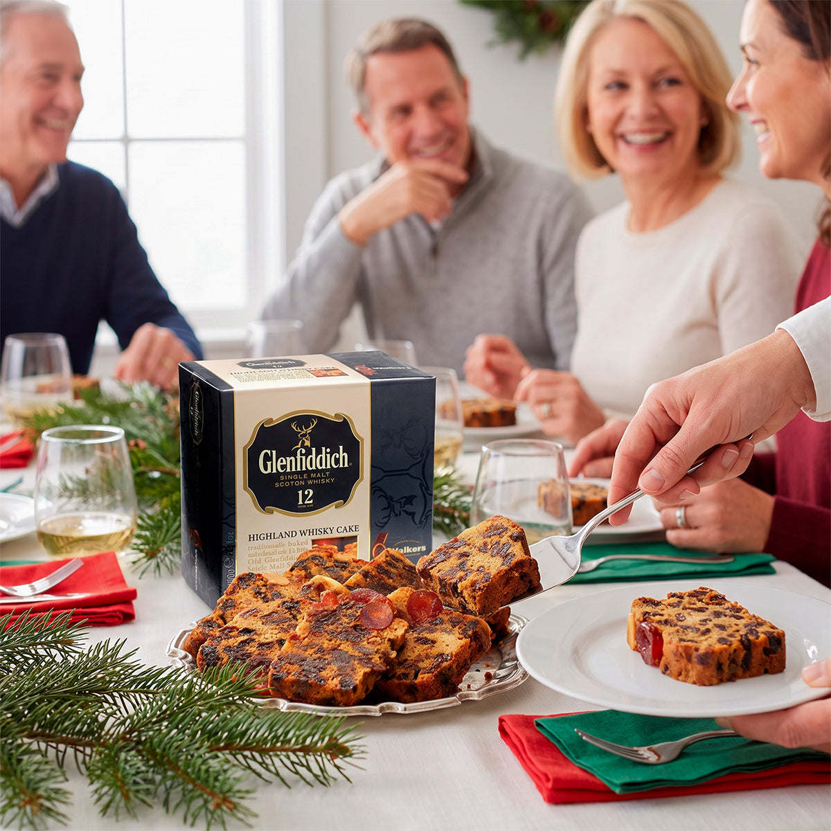 People at a holiday table with a box of Christmas pudding and slices on a plate