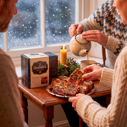 Person pouring tea beside a box of Christmas pudding and a slice of cake by a snowy window.