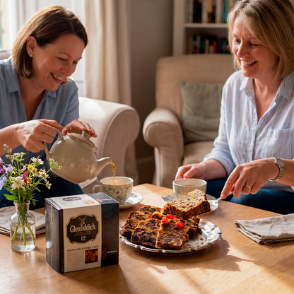 Two women having tea with Christmas pudding and a box of pudding on the table.