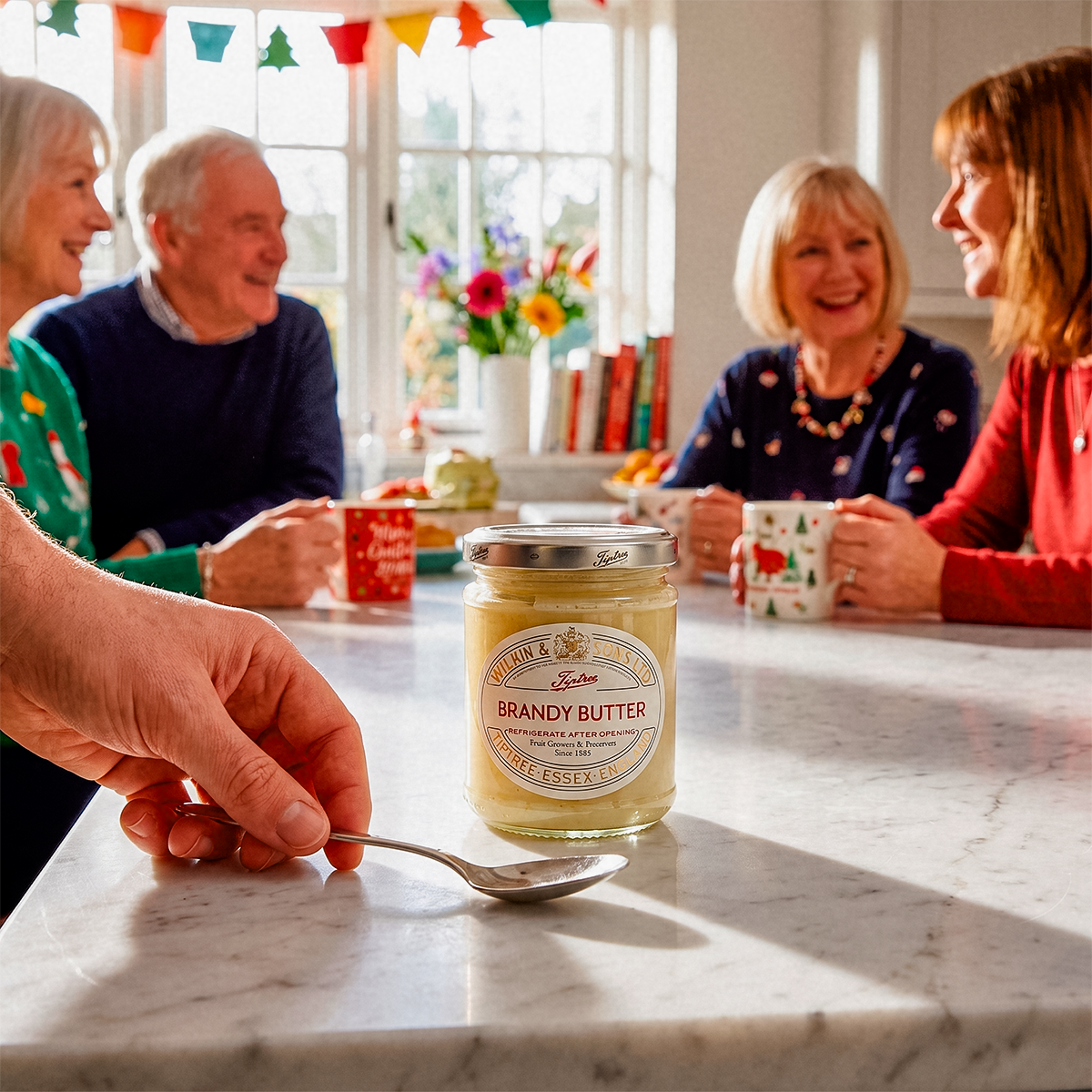 People at a table with a jar and bread, one spreading a spread on a slice