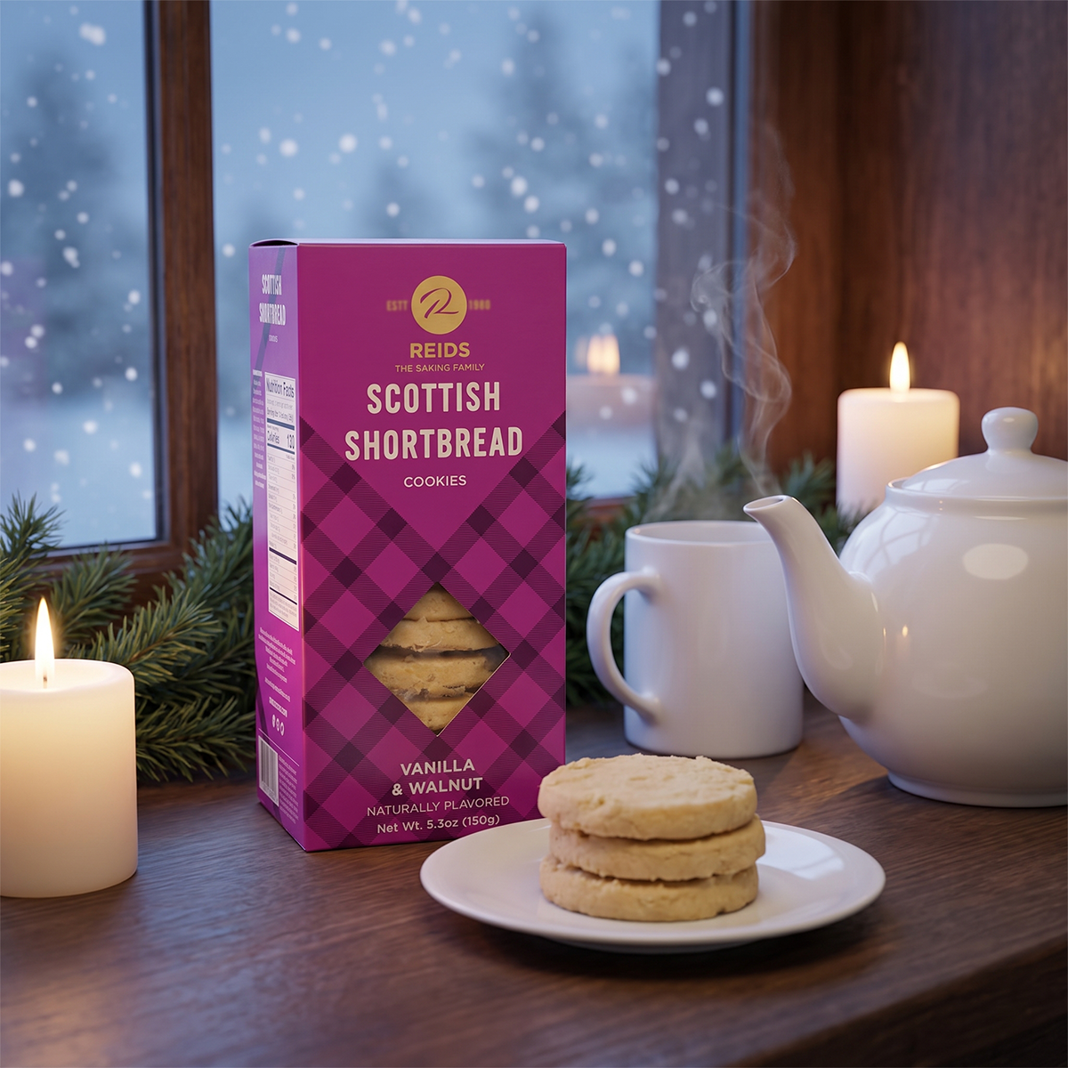 Scottish Shortbread box on a wooden table with a plate of shortbread, a teapot, and a snowy window behind