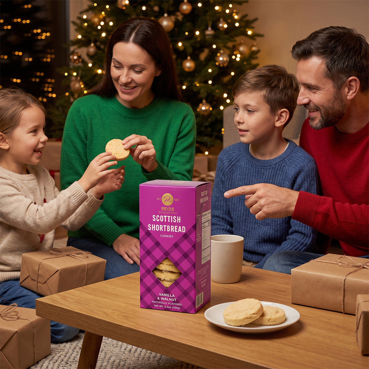 Family at a table with a Scottish Shortbread box and a plate of shortbread, Christmas tree behind them