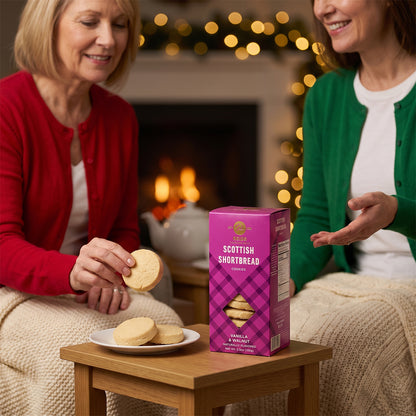 Two older women at a table with a Scottish Shortbread box and a plate of shortbread, fireplace and fairy lights behind