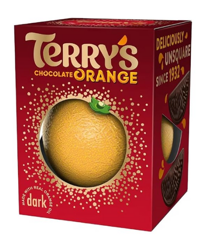 Terry's Chocolate Orange packaging with a red background