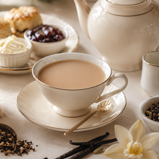 Vanilla Chai tea with milk in a teacup with saucer.