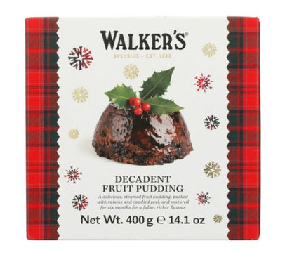 Walker's Decadent Fruit Pudding packaging with holly and red plaid border