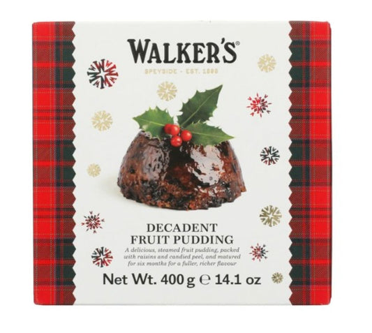 Walker's Decadent Fruit Pudding packaging with holly and red plaid border