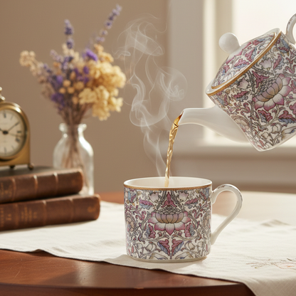 William Morris Lodden design teapot pouring tea on a table.