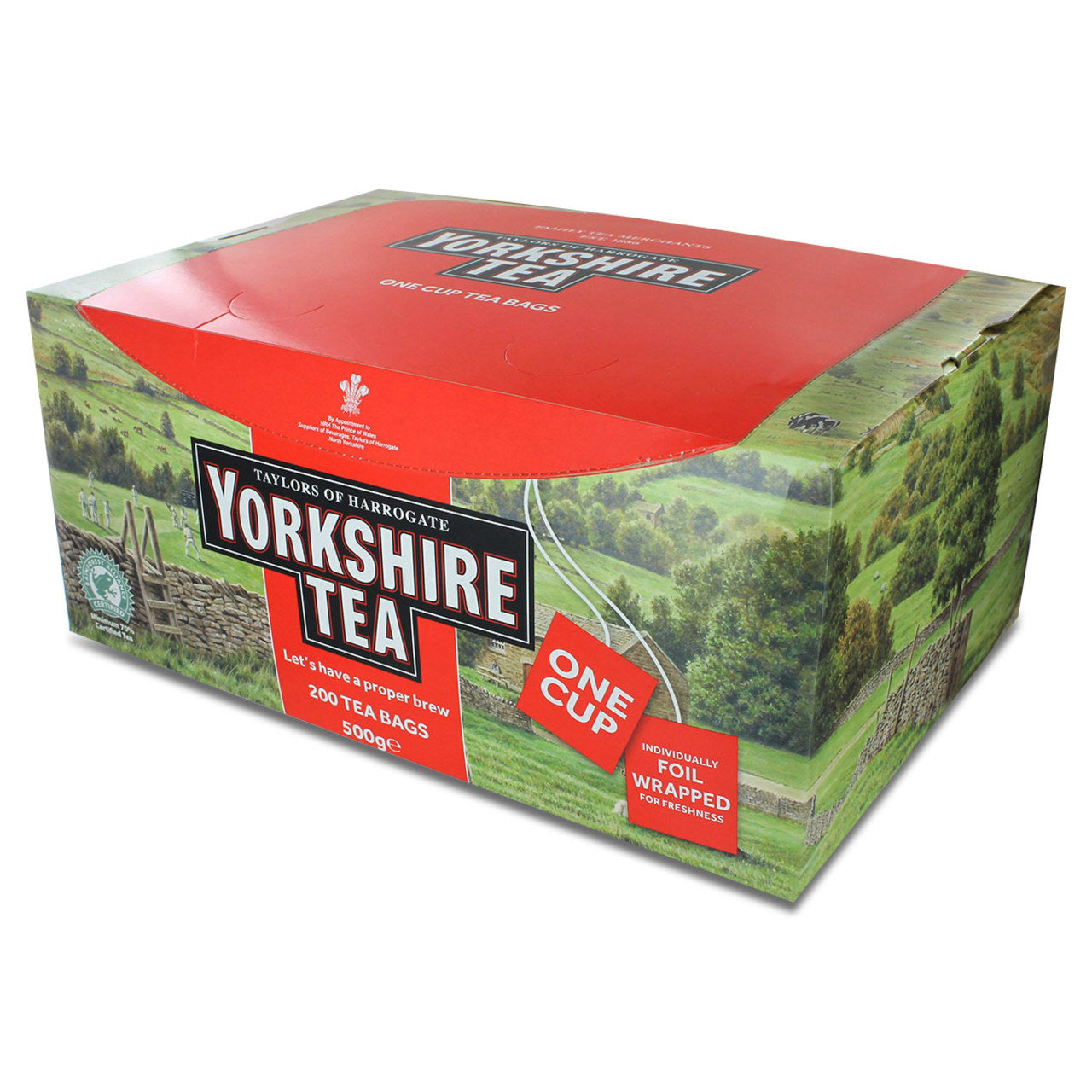 Yorkshire Tea packaging box with scenic design on a white background
