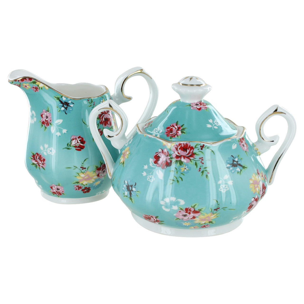 Shabby Rose Turquoise Porcelain - Sugar and Creamer Set - Image 1