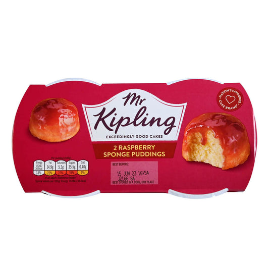 Packaging of 2 Mr. Kipling raspberry sponge puddings pack on a white background