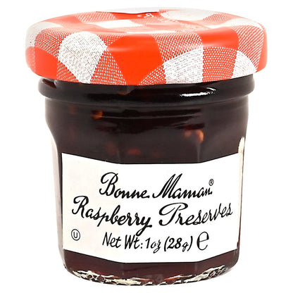 Jar of Bonne Maman Raspberry Preserves with a red and white checkered lid on a white background